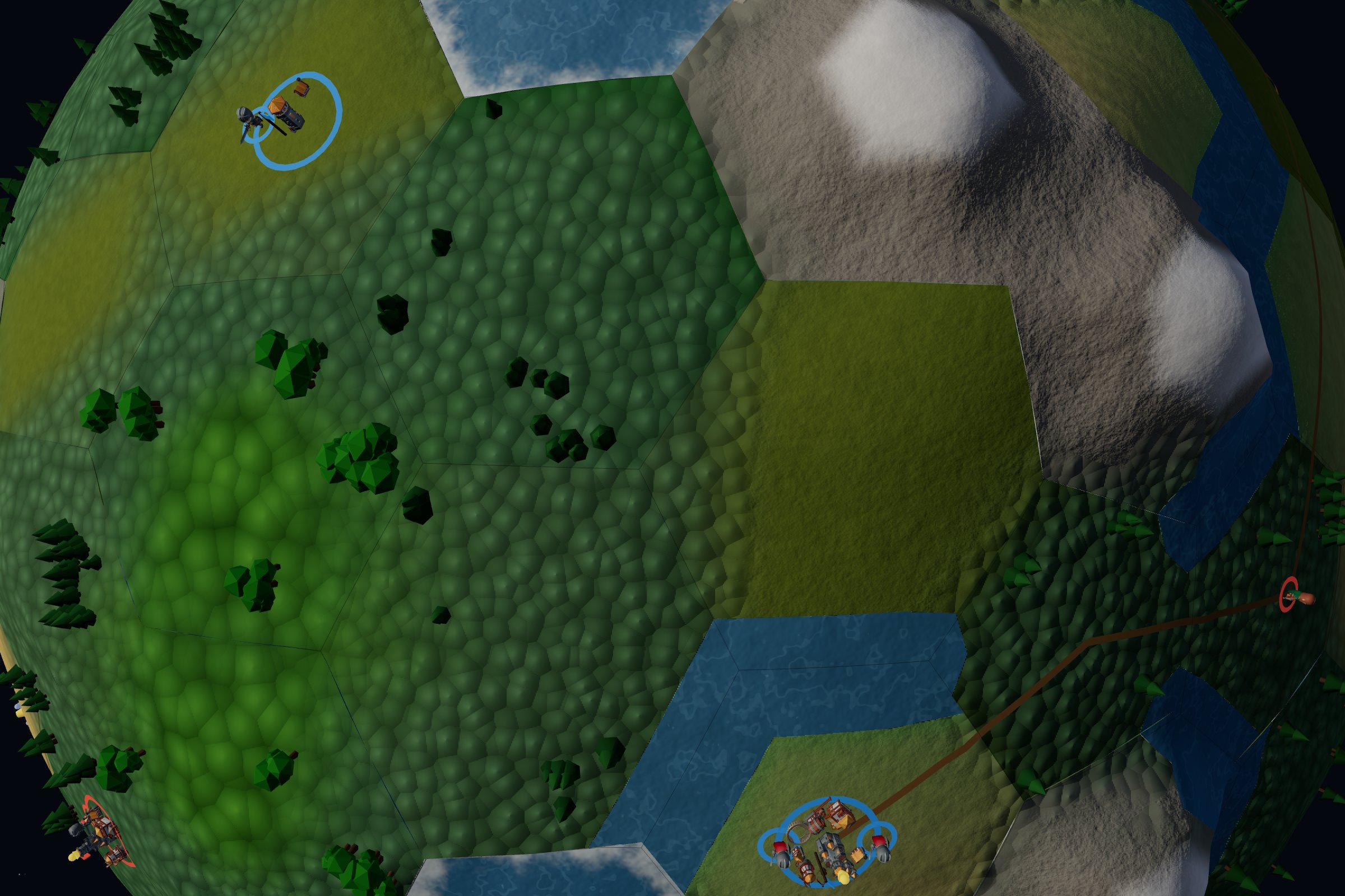 Close up: cities, units, roads, and snow-capped mountains on the hex-sphere